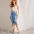 Romwe Bleach Wash Slit Front Denim Pencil Skirt