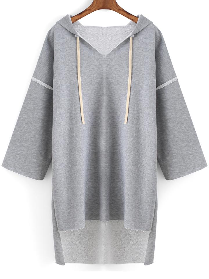 Romwe Hooded Dip Hem Loose Grey Sweatshirt