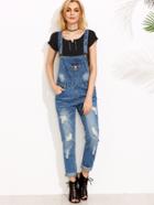 Romwe Blue Ripped Overall Jeans