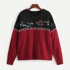 Romwe Plus Flower Embroidery Applique Two-tone Sweater