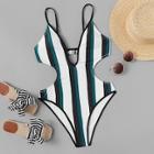 Romwe Striped Cut-out Backless One Piece Swimsuit