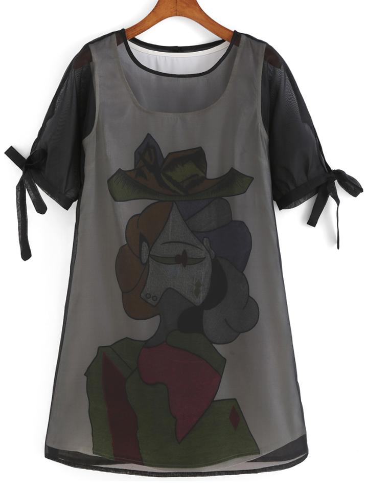 Romwe Abstract Print Bow Organza Dress