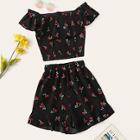 Romwe Cherry Print Off The Shoulder Top With Shorts