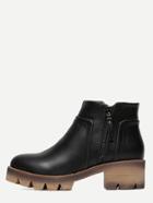 Romwe Black Faux Leather Round Toe Zipper Ankle Boots