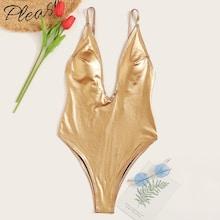 Romwe Metallic Plunging Neck One Piece Swimwear