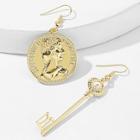 Romwe Coin & Key Mismatched Drop Earrings 1pair