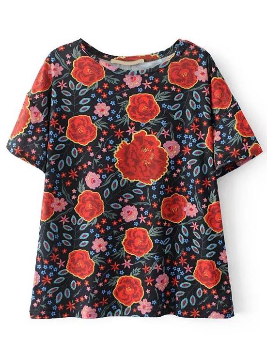 Romwe Multicolor Floral Short Sleeve T-shirt