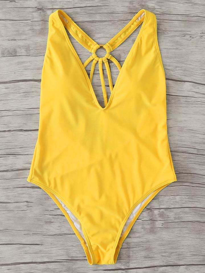 Romwe V Plunge Caged Back Swimsuit