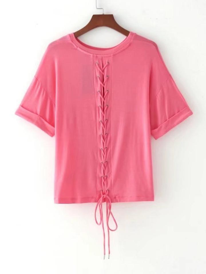 Romwe Rolled Cuff Lace Up Tee