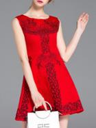 Romwe Red Embroidered Jacquard A-line Dress