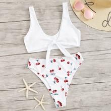 Romwe Knot Front Top With Random Cherry Print Bikini