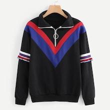 Romwe Chevron Zip Neck Frill Trim Sweatshirt