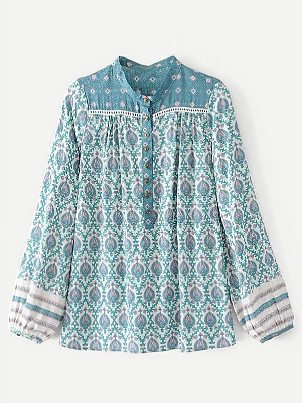 Romwe Lantern Sleeve Tribal Print Blouse