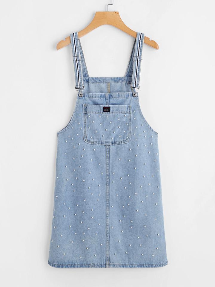 Romwe Faux Pearl Pocket Front Overall Denim Dress