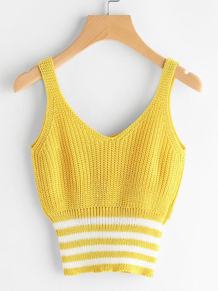 Romwe Double V Neck Wide Striped Trim Knit Tank Top