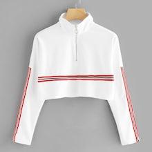 Romwe Drop Shoulder Striped Tape Zip Up Tee