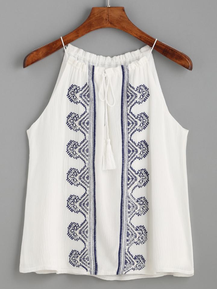 Romwe White Embroidered Lace Up Fringe Cami Top