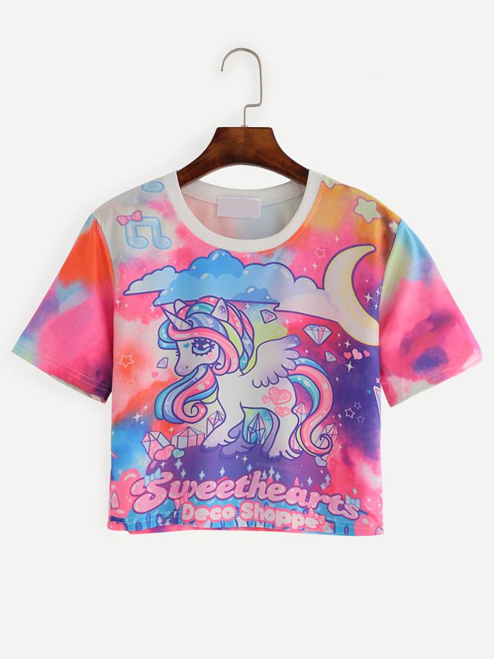 Romwe Multicolor Tie-dye Horse Print T-shirt
