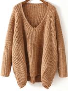 Romwe V Neck Chunky Knit Khaki Dolman Sweater