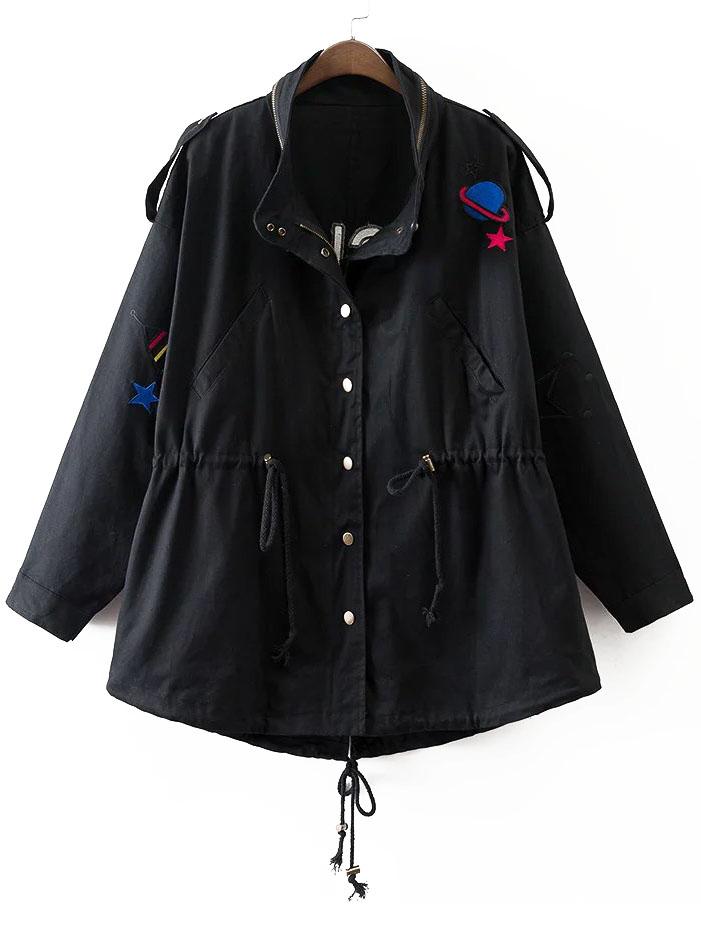 Romwe Black Letter Embroidery Drawstring Coat With Pockets