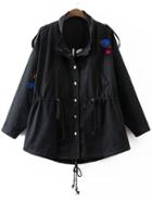 Romwe Black Letter Embroidery Drawstring Coat With Pockets