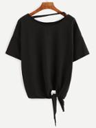 Romwe Black Cut Out Knotted Drop Shoulder T-shirt