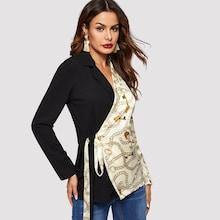 Romwe Notch Collar Chain Print Wrap Knot Blazer