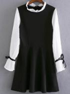 Romwe Black Pleated Sleeve A-line Dress With Bow Tie