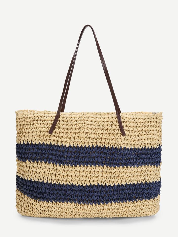Romwe Stripes Woven Tote Bag