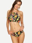 Romwe High Neck Flower Print Bikini Set - Black