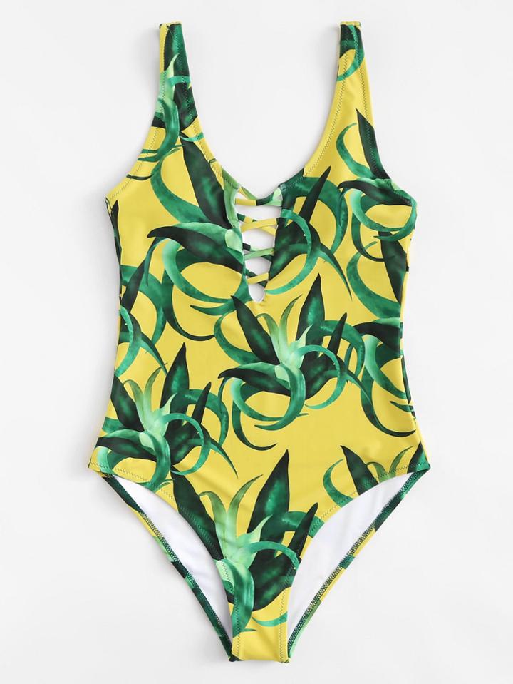 Romwe Criss Cross Color Block Swimsuit