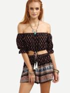 Romwe Black Vintage Print Off The Shoulder Top With Shorts