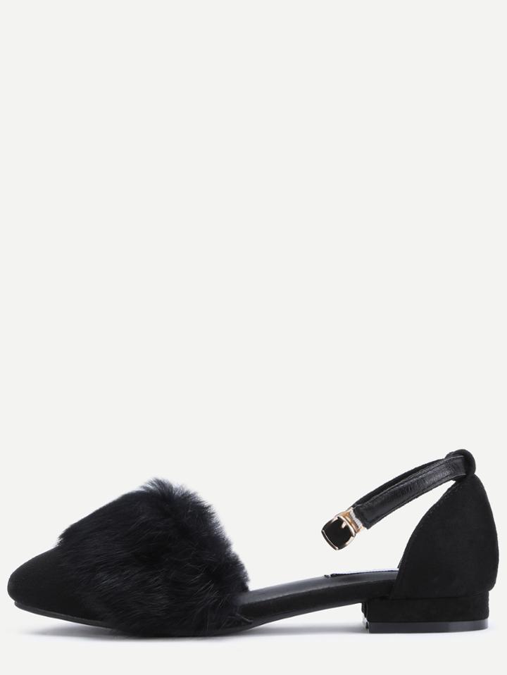 Romwe Black Faux Suede Ankle Strap Fur Trim Sandals