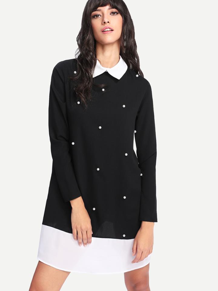 Romwe Contrast Collar And Hem Pearl Detail Dress