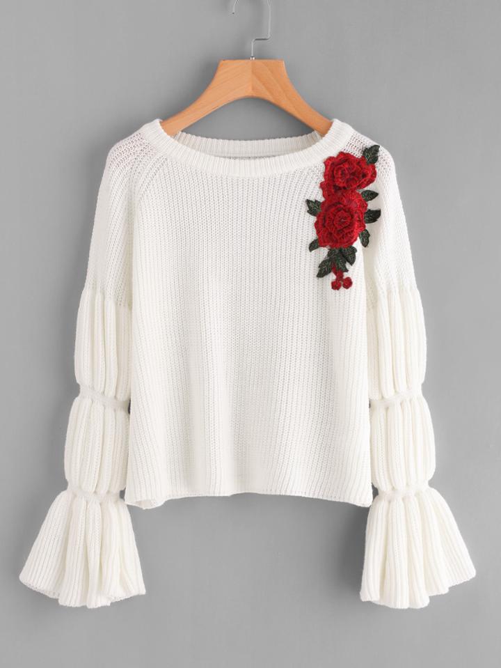 Romwe Embroidery Applique Bell Sleeve Jumper