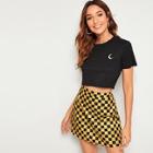 Romwe Moon Embroidery Crop Tee With Checkered Skirt