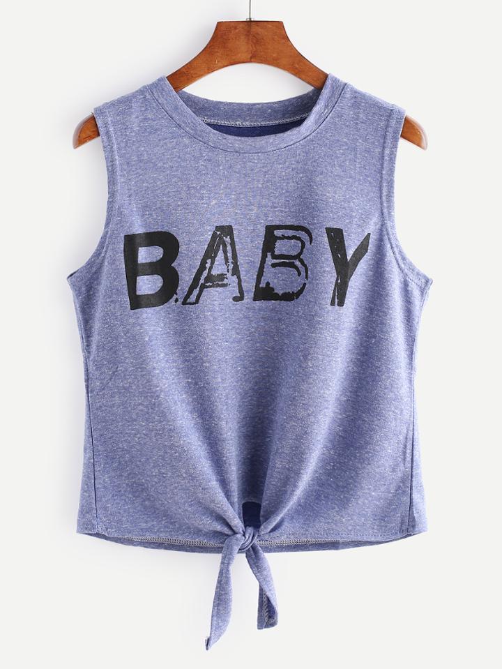 Romwe Blue Letter Print Tie Front Tank Top