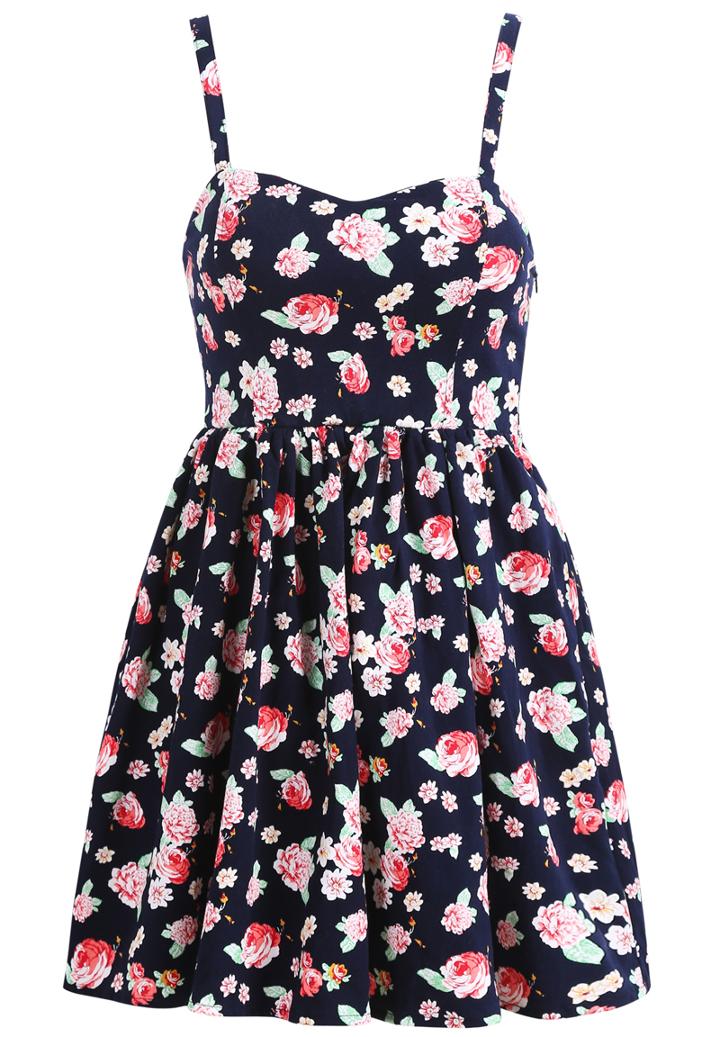 Romwe Spaghetti Strap Florals Pleated Black Dress