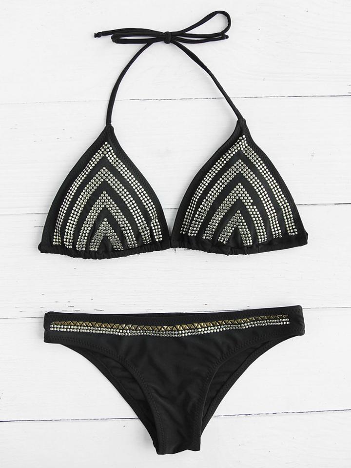 Romwe Halter Studded Triangle Bikini Set