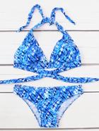 Romwe Abstract Print Tied Detail Triangle Bikini Set