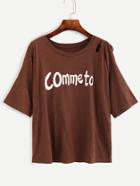 Romwe Brown Letter Print Split Sleeve Slub T-shirt