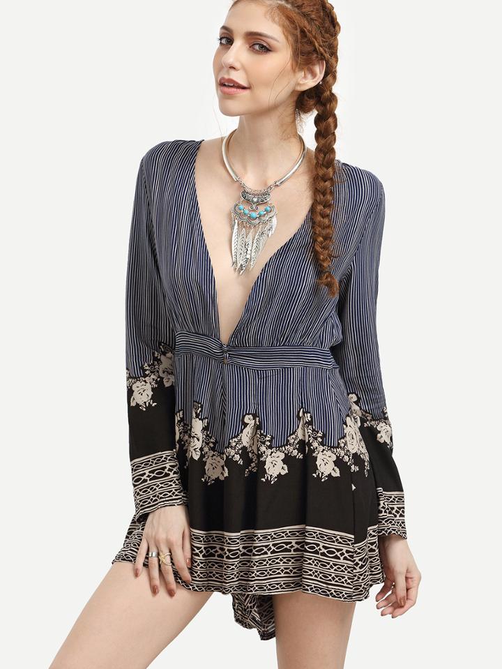 Romwe Navy Deep V Neck Striped Tape Romper