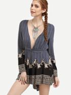 Romwe Navy Deep V Neck Striped Tape Romper