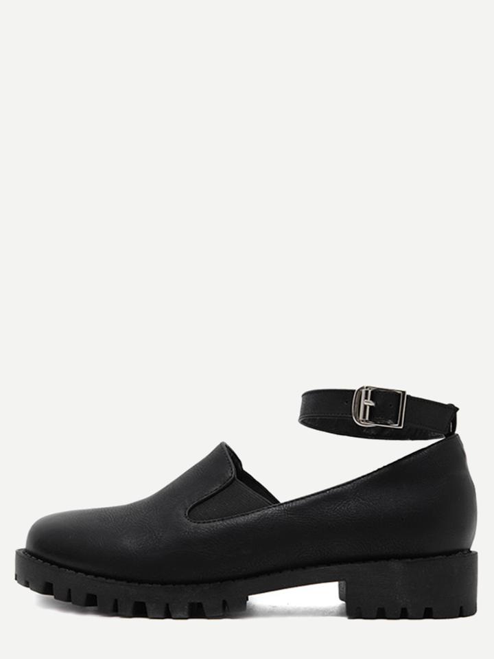 Romwe Black Faux Leather Ankle Strap Elastic Shoes