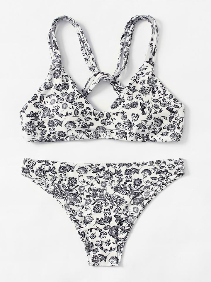 Romwe Calico Print Twist Strap Bikini Set