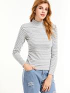 Romwe Heather Grey Striped High Neck Tight T-shirt