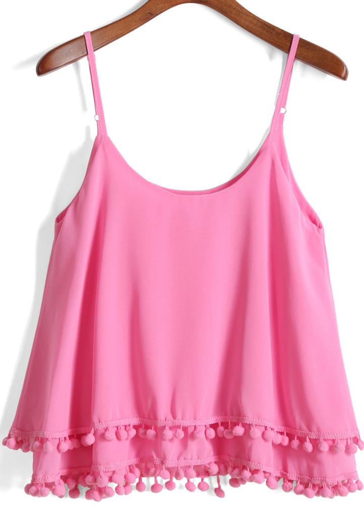 Romwe Spaghetti Strap With Ball Pink Cami Top