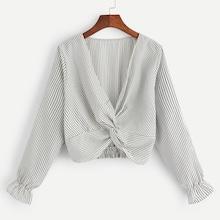 Romwe Striped Twist Deep V-neck Blouse