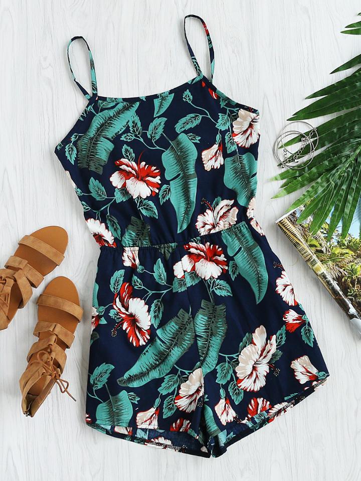 Romwe Floral Leaf Print Bow Open Back Cami Romper