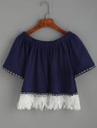 Romwe Navy Fringe Lace And Embroidered Tape Trim Blouse